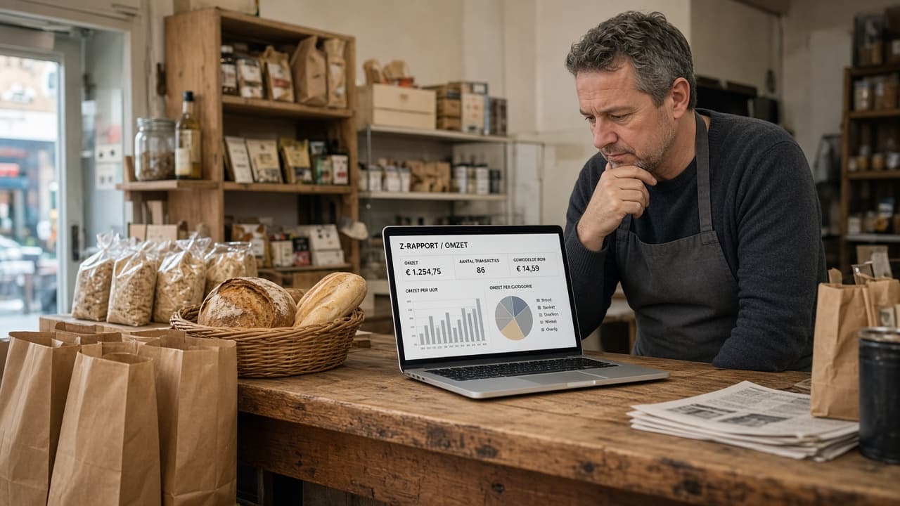 Winkelier bekijkt het Z-rapport op een laptop